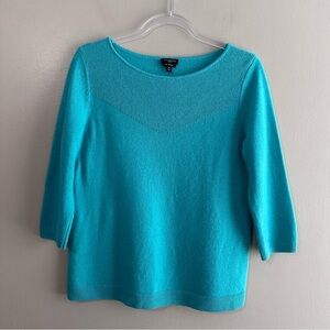 Talbots Pure Cashmere Teal 3/4 Sleeve Sweater Womens Medium Petite *HOLE